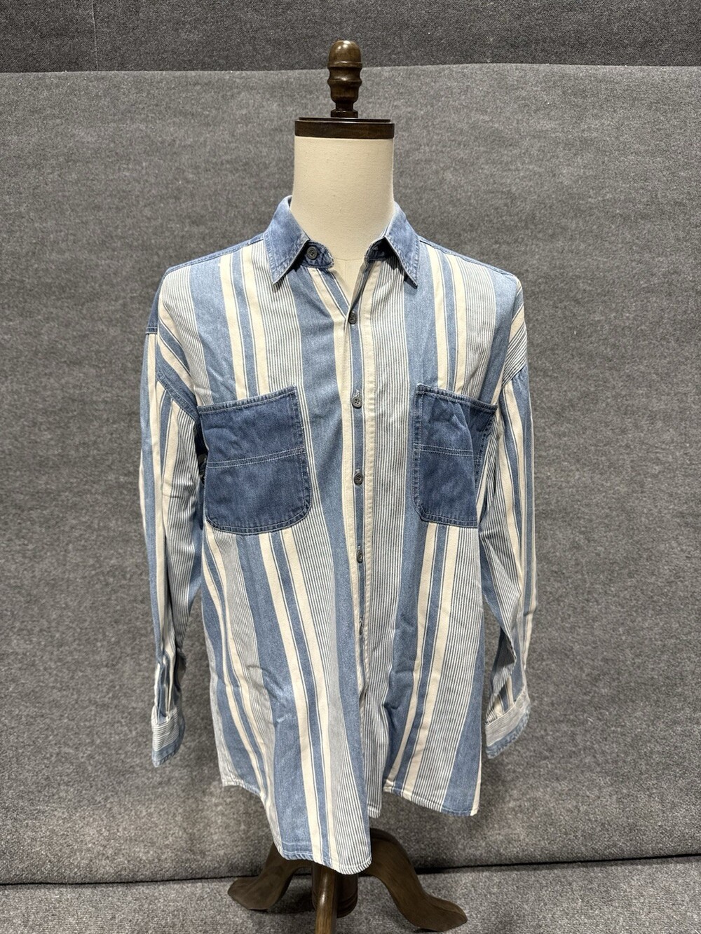 Vintage Arizona Jean Co Denim Stripe Button Up Shirt Mens Large 90s Blue